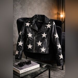 Women's real leather Black Leather Jacket with White Stars